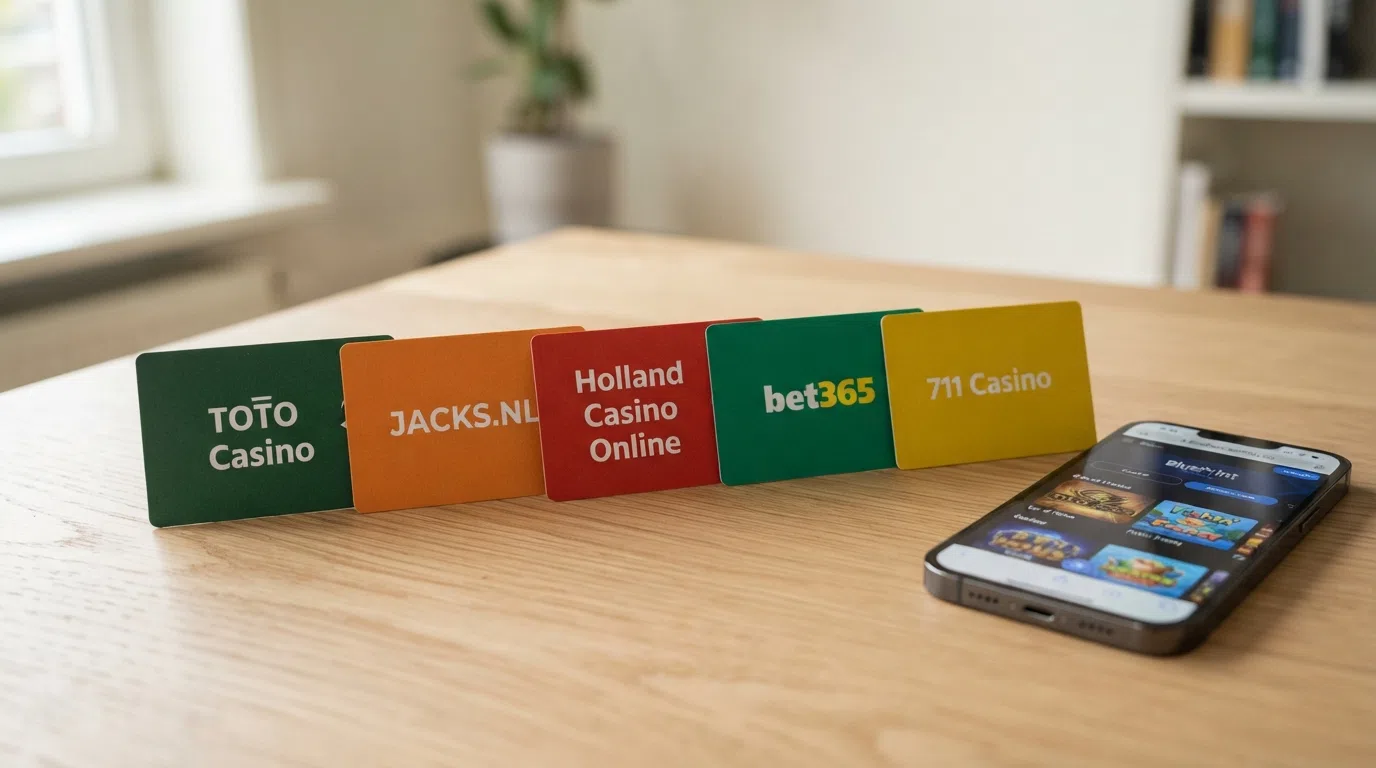 Een overzichtelijke vergelijkingstabel met de logo's van TOTO Casino, JACKS.NL, Holland Casino Online, bet365 en 711 Casino naast elkaar