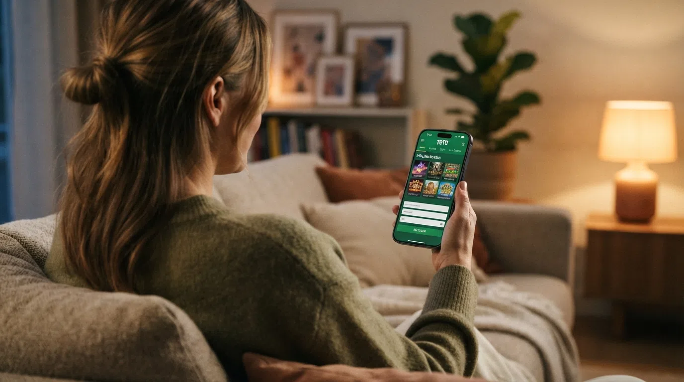 Een smartphone met de TOTO Casino mobiele interface geopend, met zichtbare spellencatalogus en inlogscherm