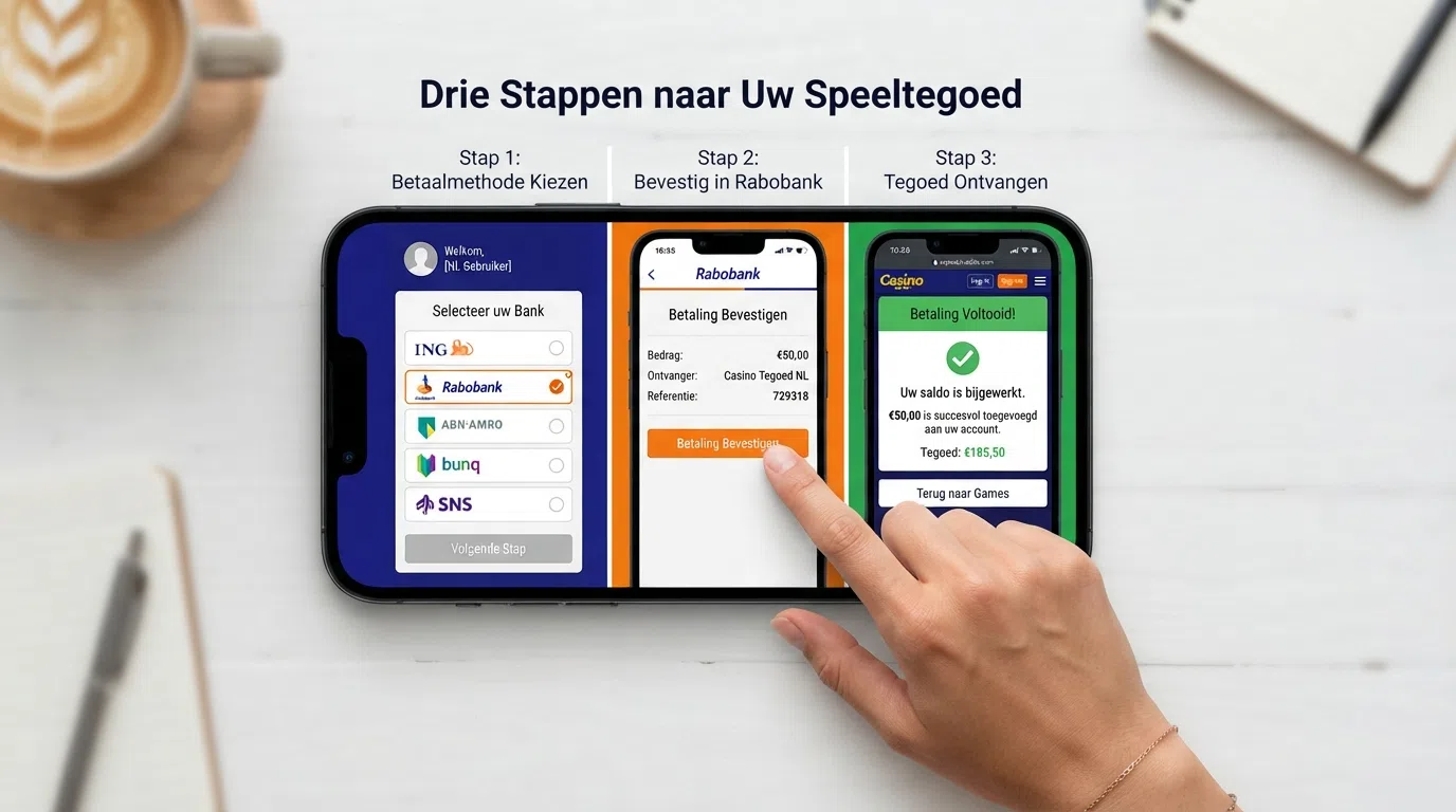 Drie smartphoneschermen in volgorde: (1) kies Trustly, (2) bevestig het bedrag in je bankomgeving, (3) het casino toont “tegoed ontvangen”.