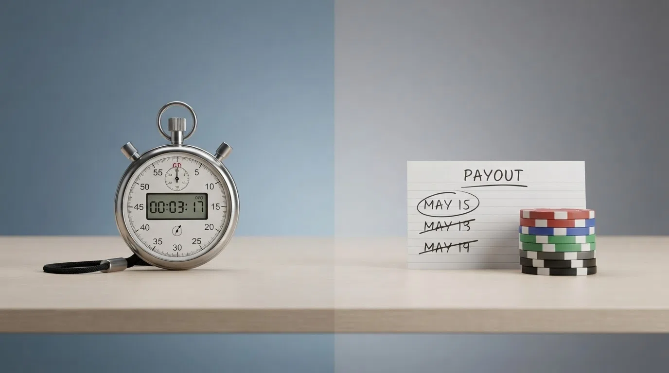 Een gesplitst scherm met links een stopwatch die op enkele seconden staat en rechts een kalender met een omcirkelde datum van meerdere dagen later — het spectrum van uitbetalingstijden bij Nederlandse casino's