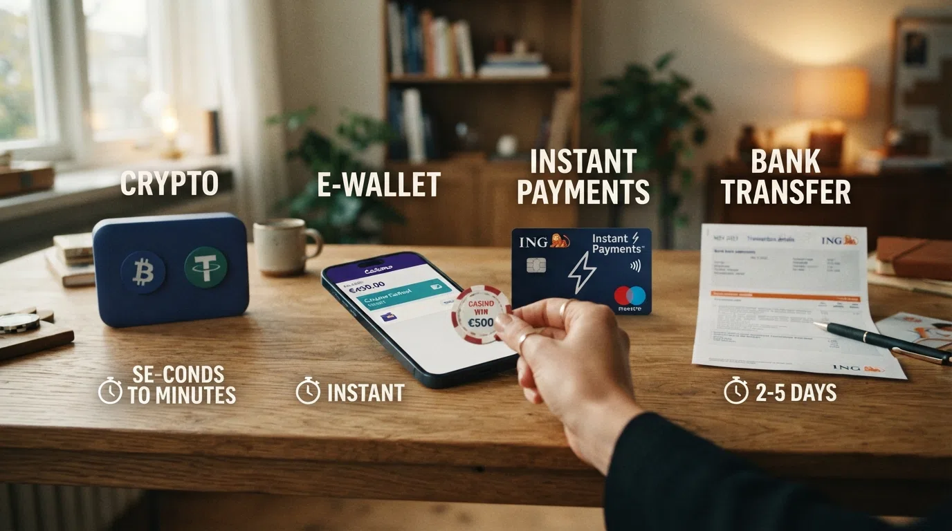 Een visuele vergelijking van uitbetalingstijden per methode: crypto (seconden-minuten), e-wallet (direct), Instant Payments (minuten), bankoverschrijving (2-5 dagen) — met een klok-icoon per categorie
