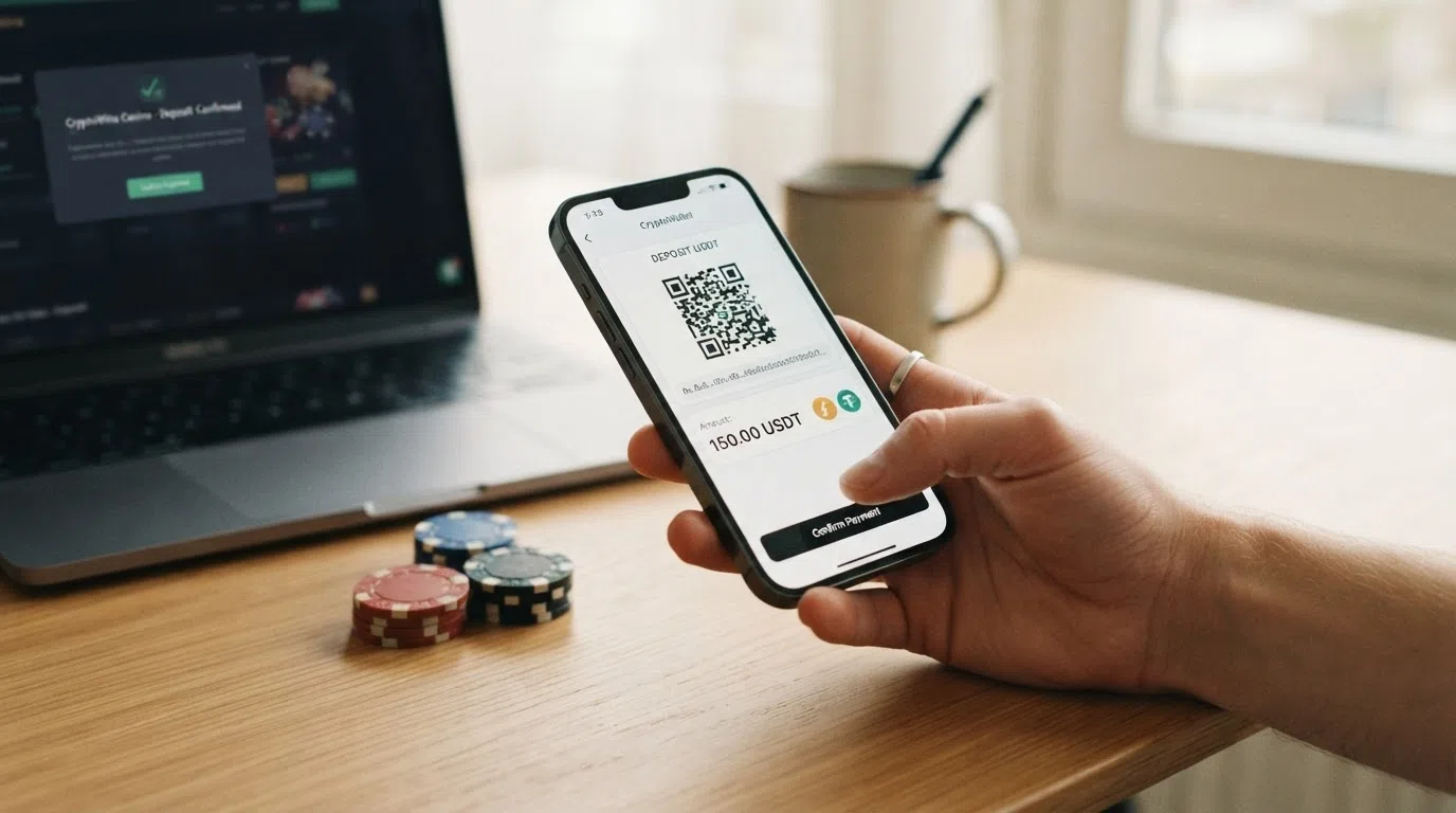 Een smartphone met een crypto-wallet-app die een USDT-transactie naar een casino-adres verstuurt, met een bevestigingsscherm op de achtergrond