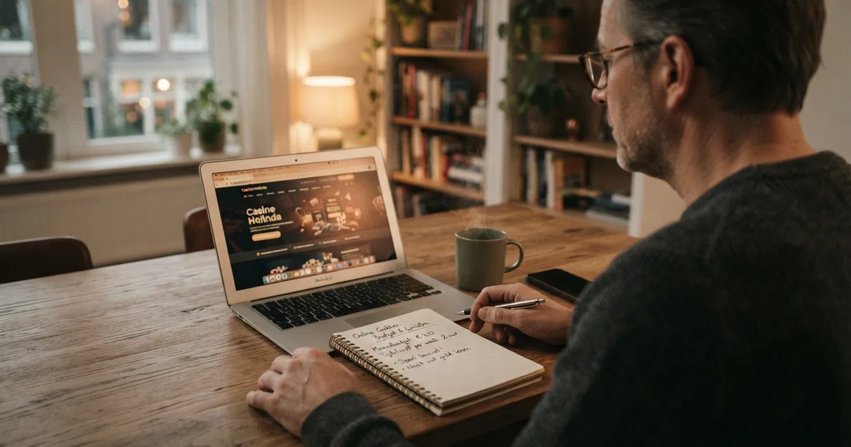 Een persoon zit aan een bureau met een laptop en een notitieblok waarop een maandbudget en tijdslimiet voor online gokken zijn geschreven, met een kop koffie ernaast.