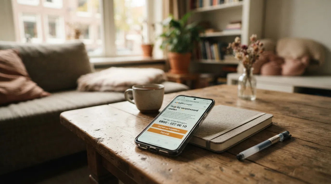 Een telefoon met het scherm van loketkansspel.nl en het gratis 0800-nummer in beeld, naast een rustige huiskameromgeving