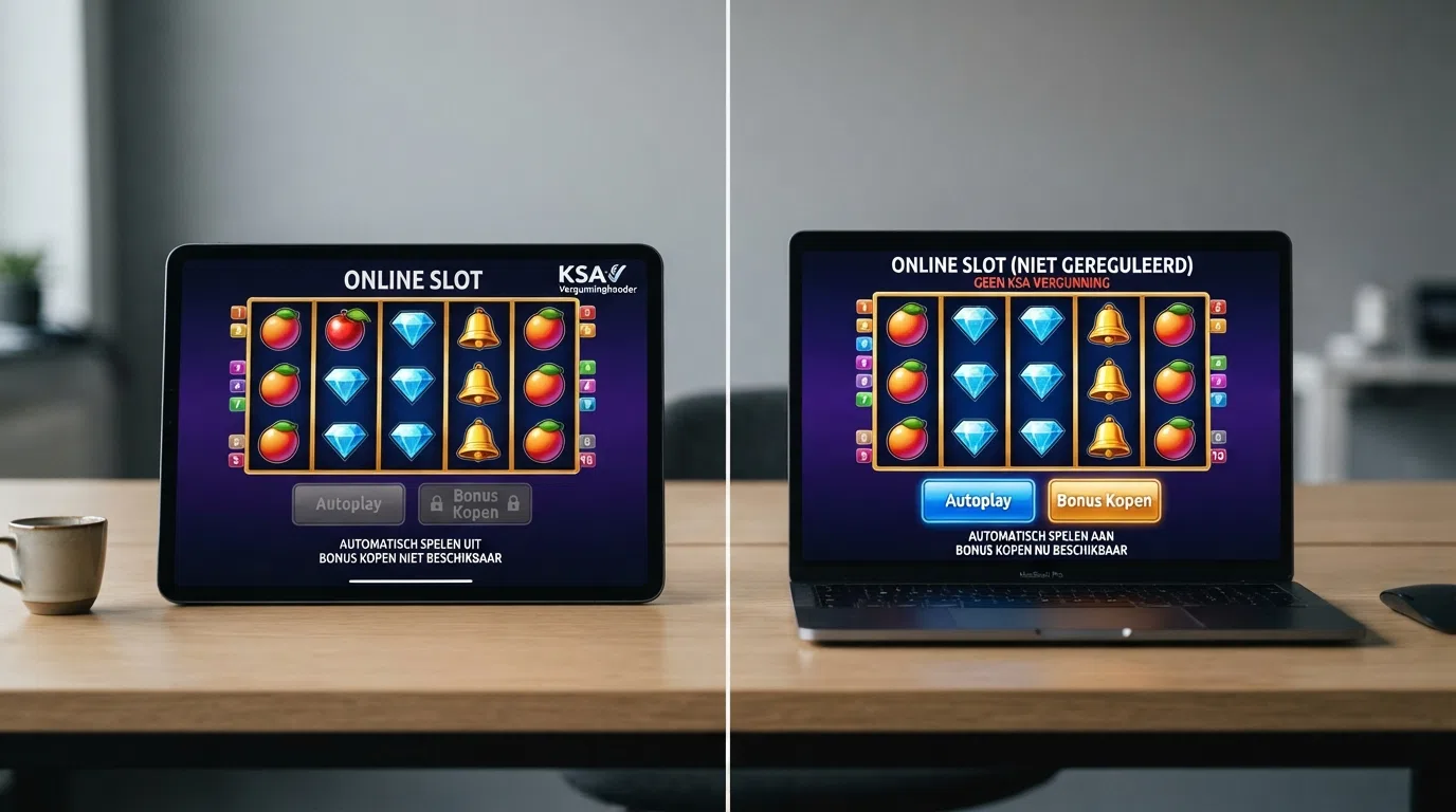 Een split-screen: links een slot-spel met uitgegrijsde autoplay- en bonus-buy-knoppen met een KSA-stempel erover, rechts dezelfde knoppen actief en oplichtend op een illegaal platform