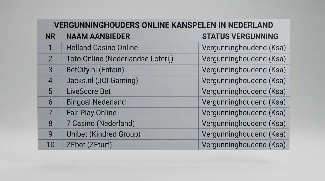 Een tabel met de namen van tien aanbieders en hun vergunningsstatus
