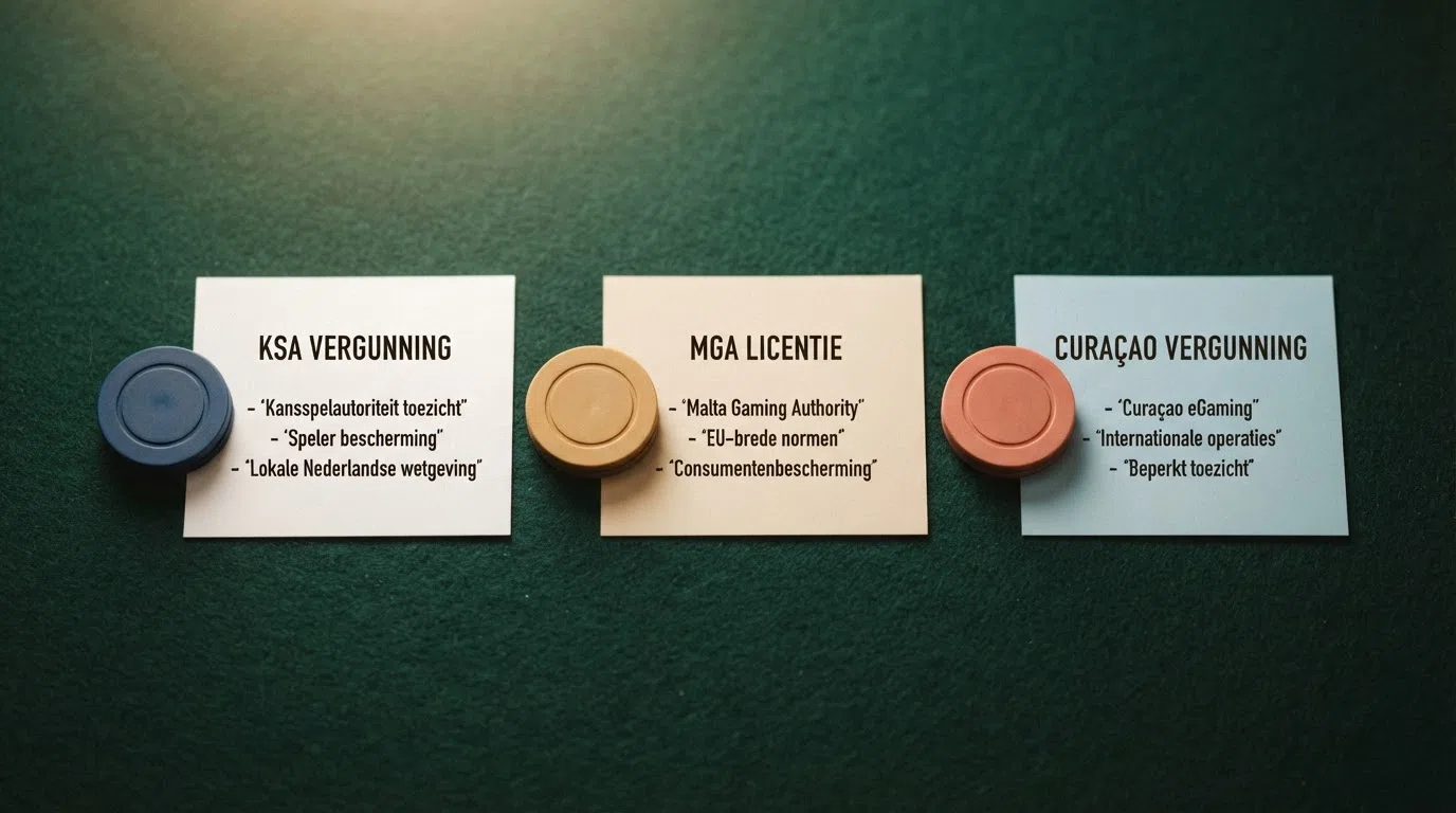 Drie gestileerde vergunningsdocumenten naast elkaar: KSA (Nederland), MGA (Malta) en Curaçao