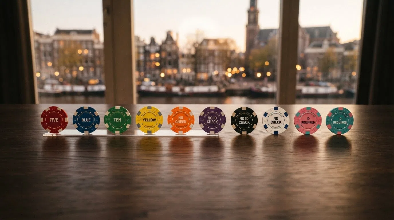 Een grafisch overzicht van tien casino-logo's, gerangschikt van 'geen KYC bij registratie' naar 'KYC verplicht bij opname'
