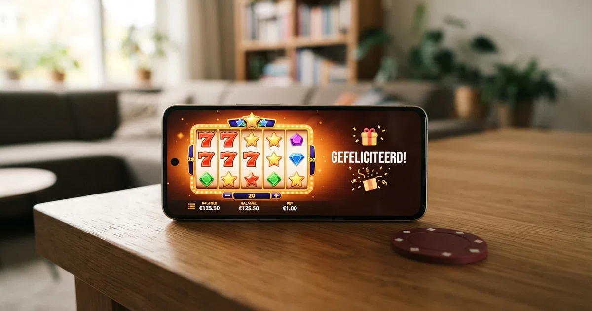 Een online casino scherm met een felicitatiebericht en een verjaardagscadeau-icoon naast een slotsessie op een smartphone