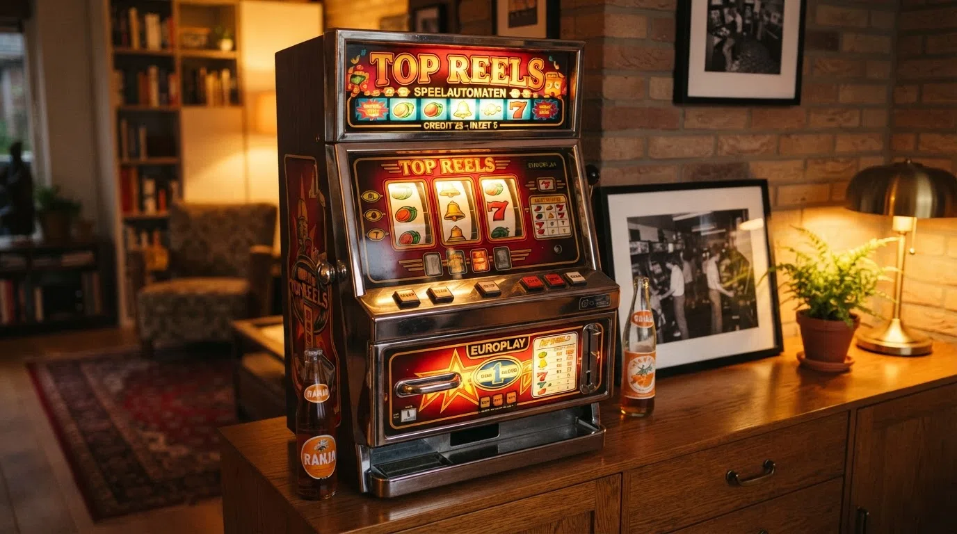 Een gerestaureerde vintage fruitautomaat uit de jaren 80 of 90 in een huiselijke setting, met de kenmerkende fysieke kast en verlichte bovenbak