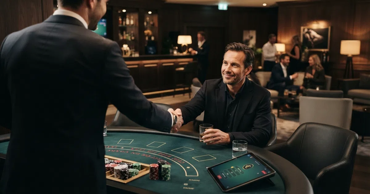 Een online casino VIP-lounge met een persoonlijke accountmanager die een speler verwelkomt aan een privétafel