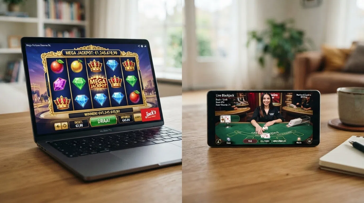 Een scherm met een populaire online slot links en een live-dealertafel rechts, met het Visa-logo in de hoek