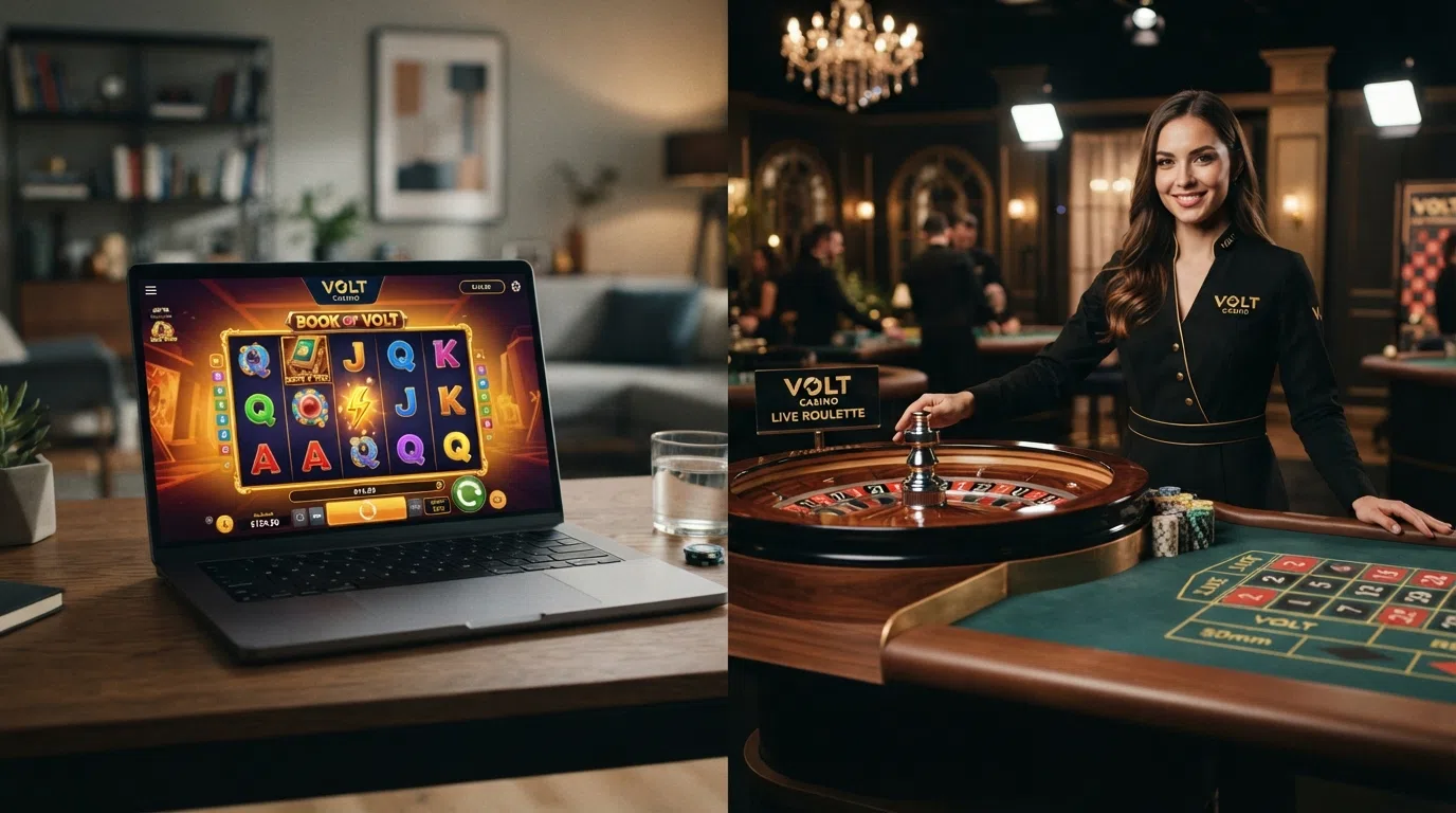Een schermopbouw met links een rij kleurrijke online slots en rechts een live roulettetafel met een echte dealer in beeld
