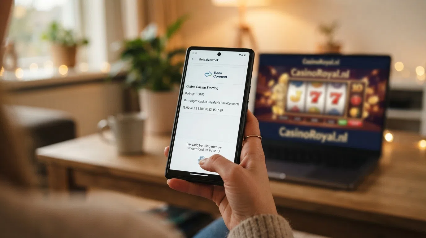 Een close-up van een smartphonescherm met een bank-app die een open-banking betaling toont, met op de achtergrond een casino-spel