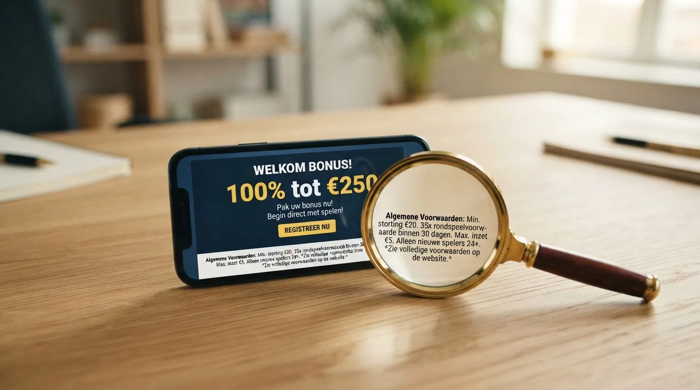 Een close-up van een welkomstbonus-banner met de kleine lettertjes van de bonusvoorwaarden onder een vergrootglas