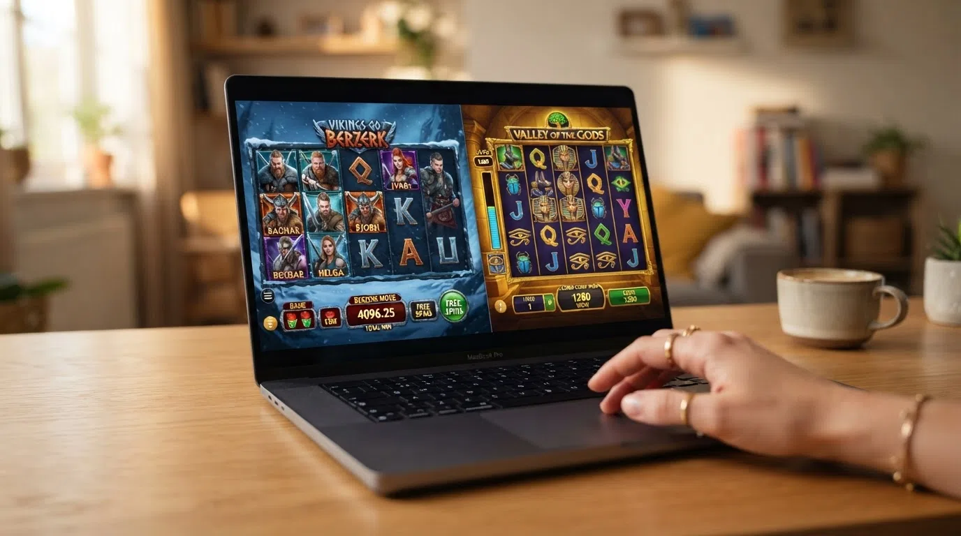 Screenshot van Vikings Go Berzerk en Valley of the Gods naast elkaar, met zichtbare RTP en maximale winst in de spelinterface